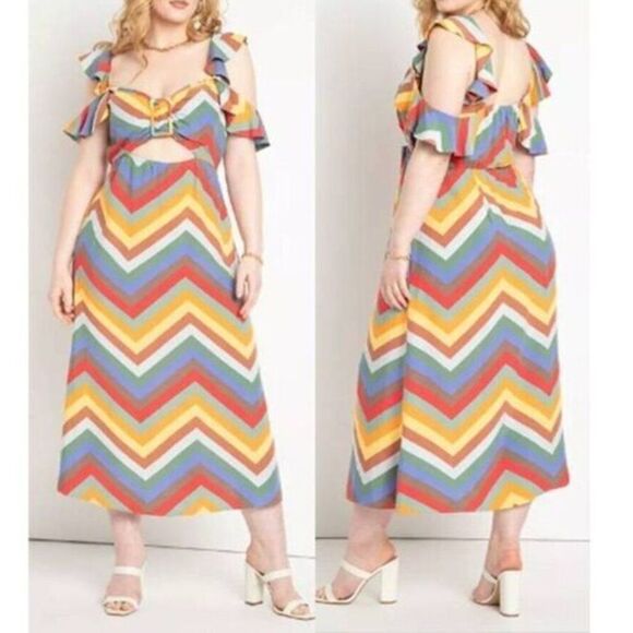 Eloquii Women's Ruffle‎ Strap Printed Midi Dress Coctail Party Size 24 - Picture 1 of 4